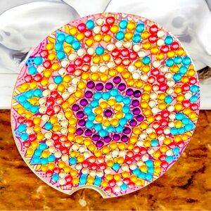 Stocking Stuffer Car Coaster Hand Crafted & Sealed Diamond Art Cork Back 2.8”